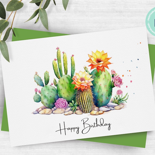 PRINTABLE Watercolor Cacti Birthday Card, Instant Download, Funny Cacti Card, Print at Home