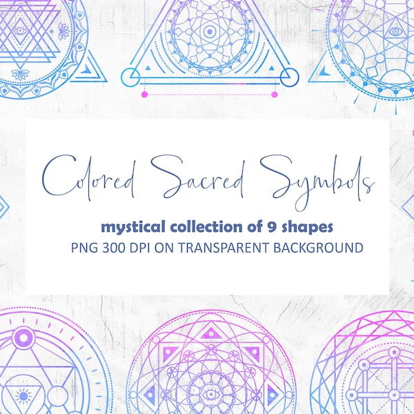 Set of Geometry  Mystical Sacred Cliparts. Geometry Alchemy Colored Symbols. Magic Esoteric PNG Signs.