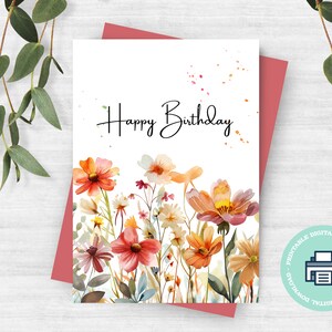 Carte imprimable de joyeux anniversaire avec des fleurs sauvages, téléchargement immédiat, impression à la maison, impression 8,5 x 11 po, coupé à 5 x 7 po. plié