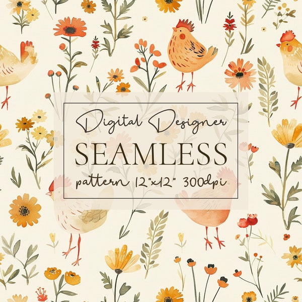 Farm Animals Seamless Pattern  Chick Chicken Fabric Pattern, Watercolor Floral Pattern, Jpeg, Instant Download