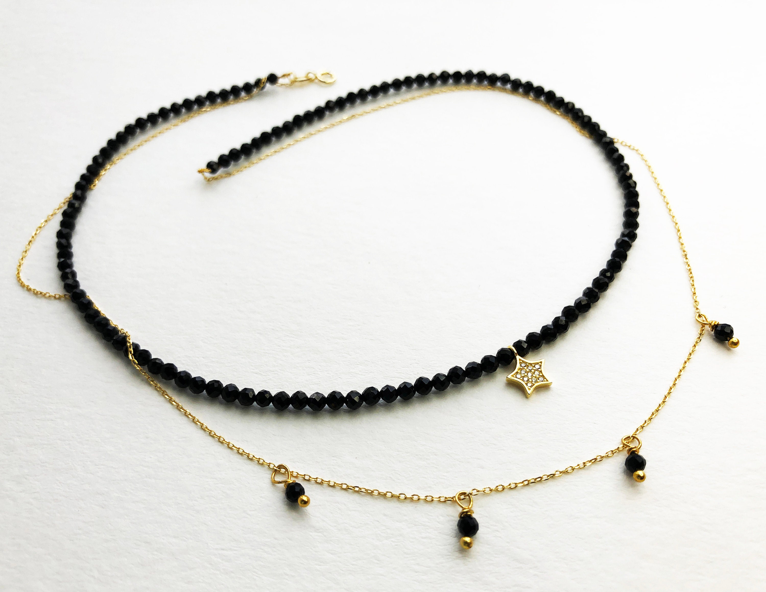 Layered black crystal choker necklace dainty black gemstone Etsy