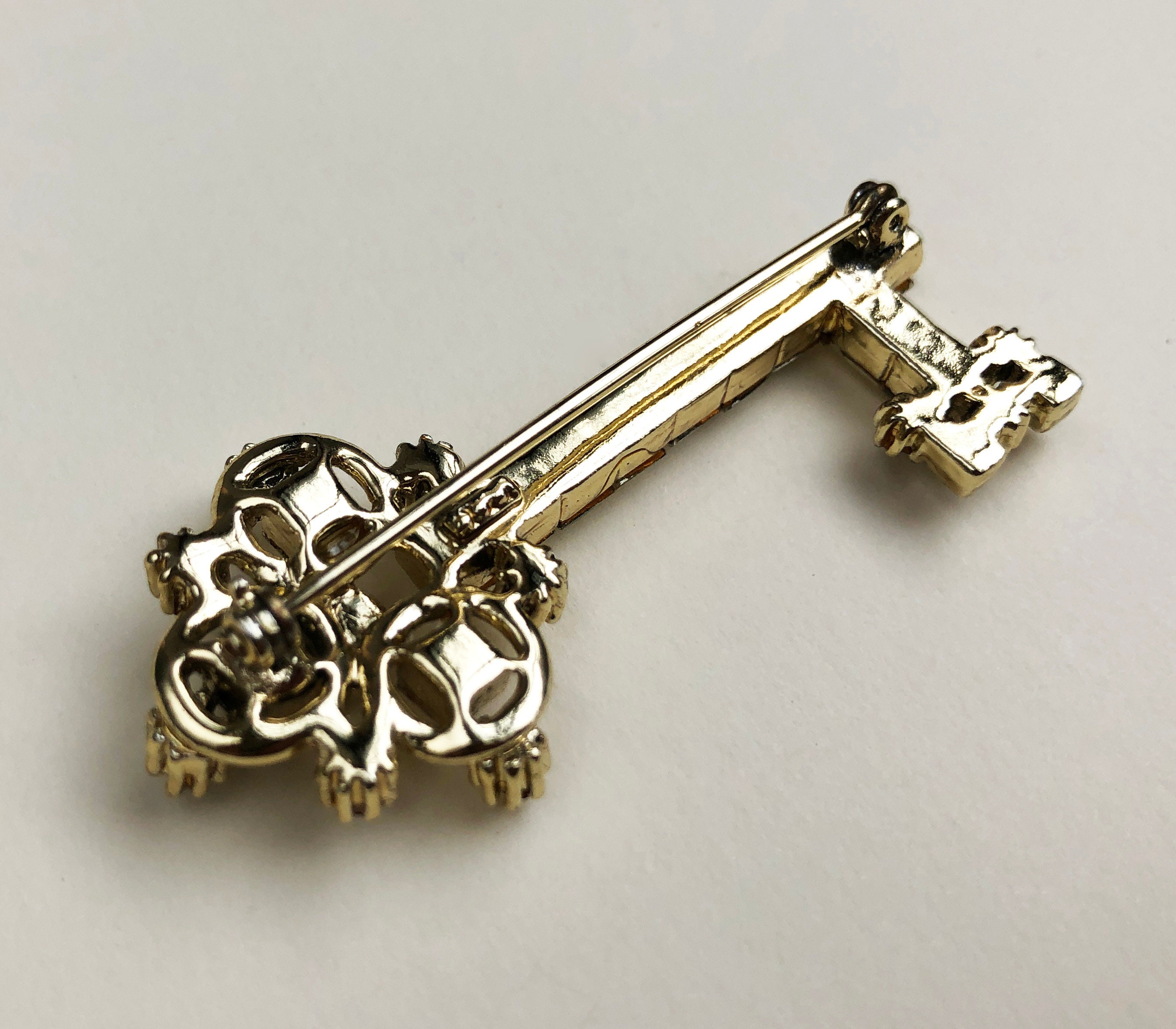 Rhinestone key brooch gold tone modern jewelry pin clear Etsy