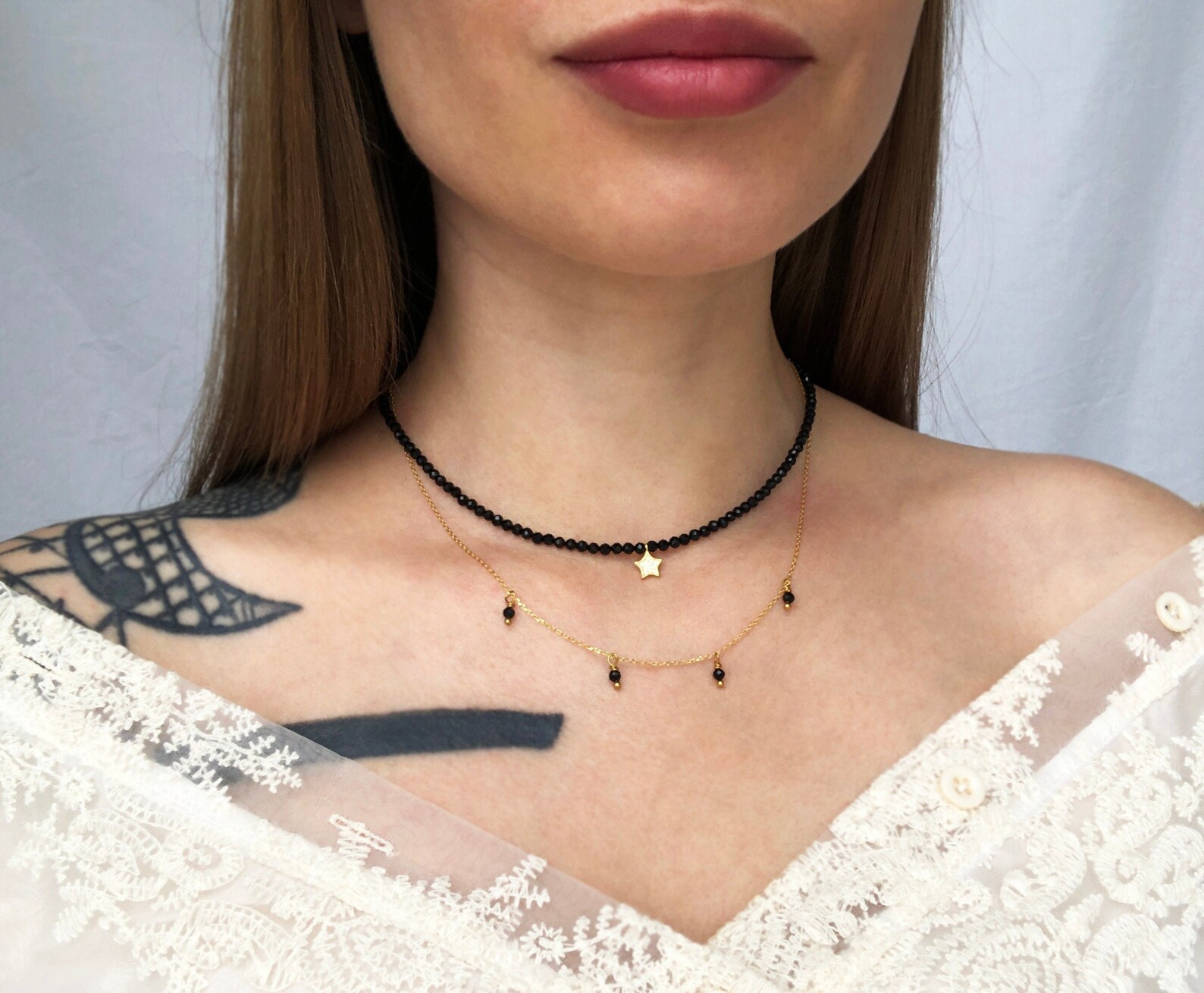 Layered black crystal choker necklace dainty black gemstone Etsy