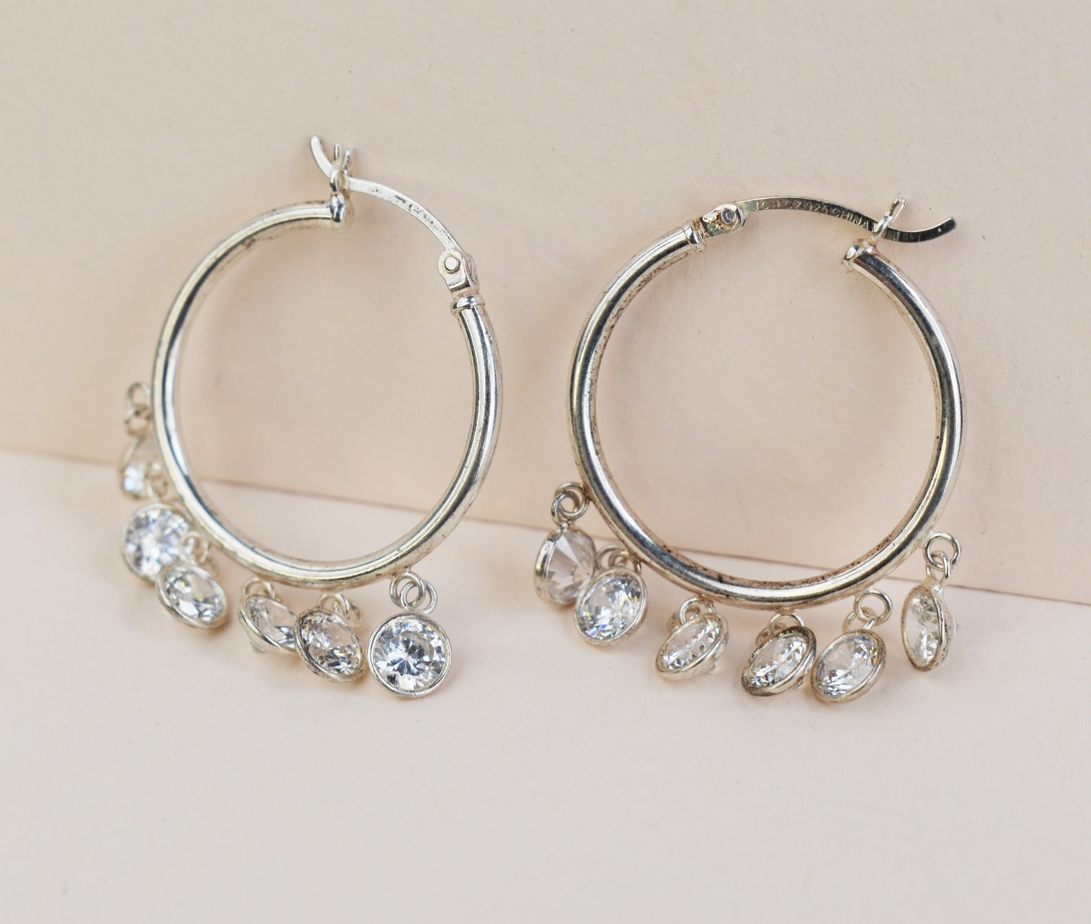 Dangle crystal charm hoops dainty medium silver hoops fancy Etsy
