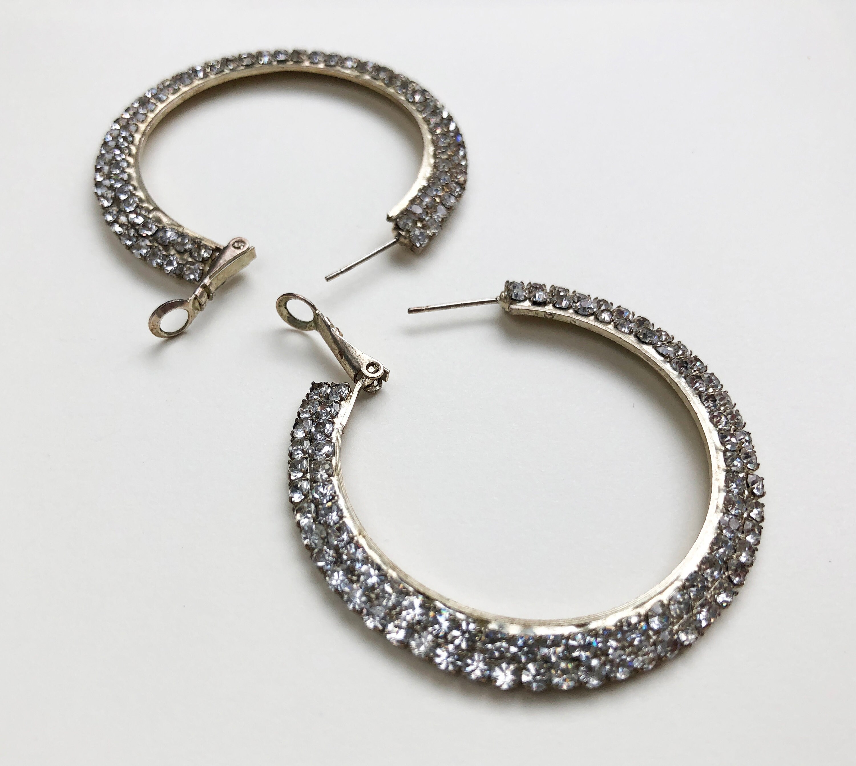 Large crystal hoops earrings silver wide clear rhinestone | Etsy