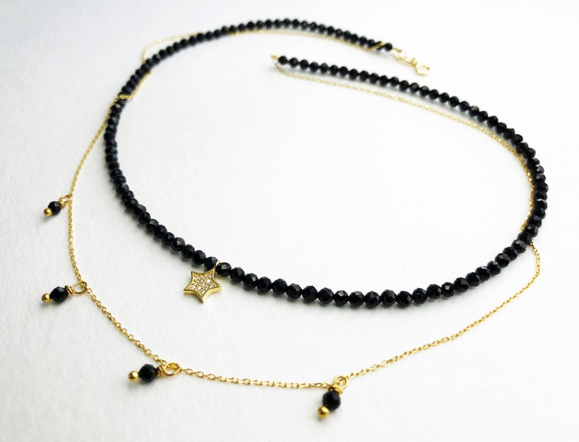Layered black crystal choker necklace dainty black gemstone Etsy