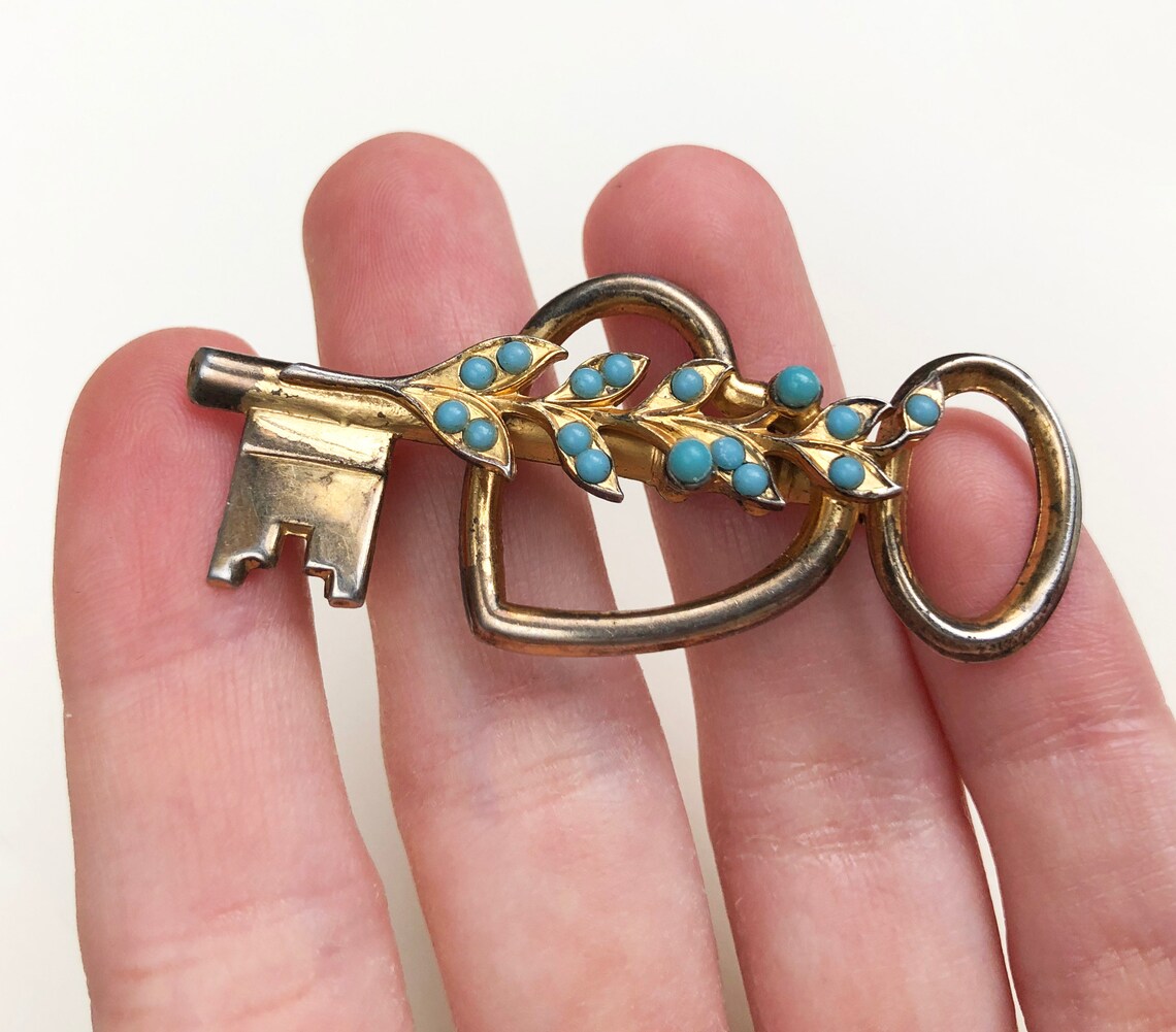 Gold key brooch pin Signed Coro gold tone modern jewelry USA Etsy