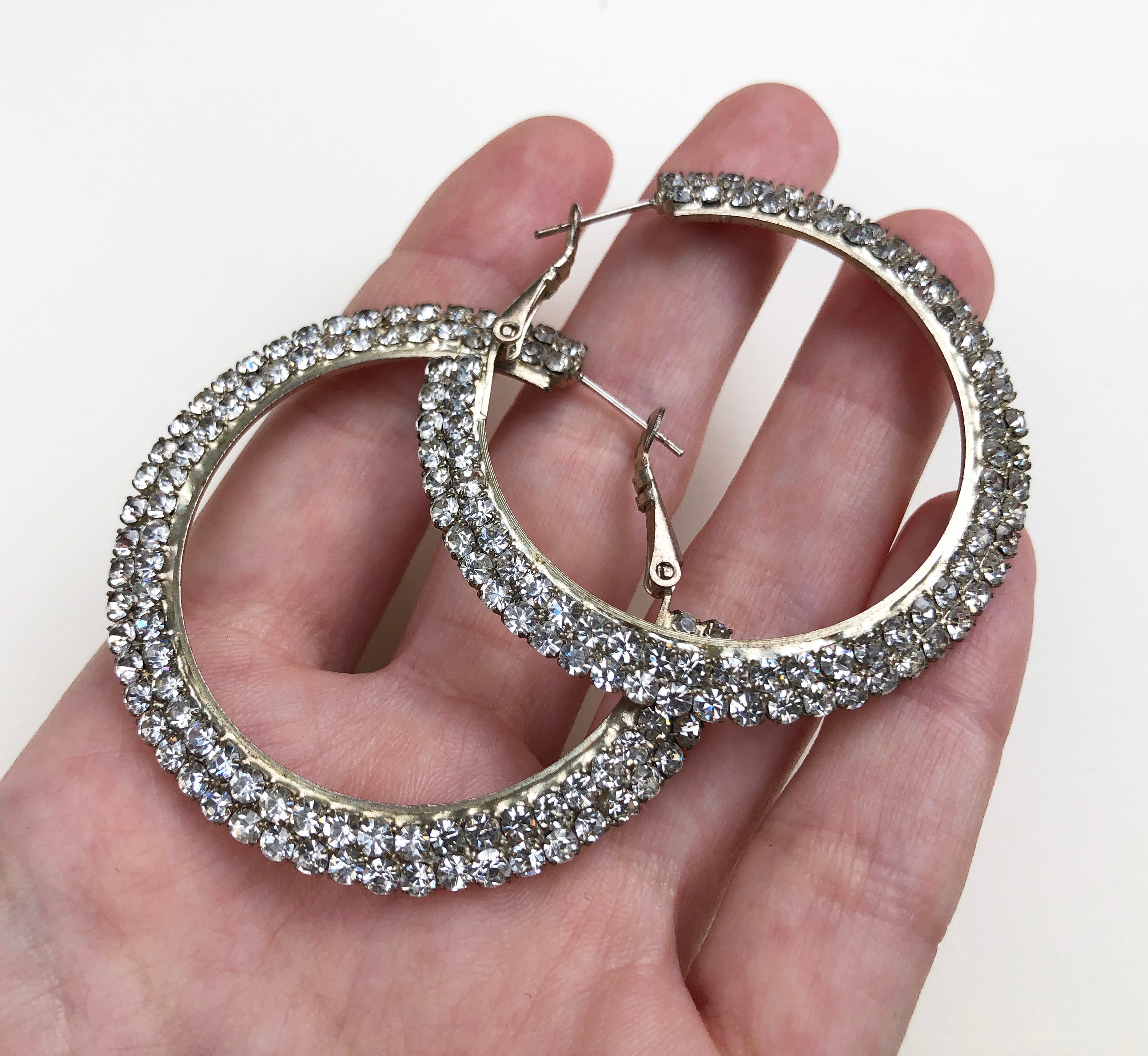 Large crystal hoops earrings silver wide clear rhinestone Etsy