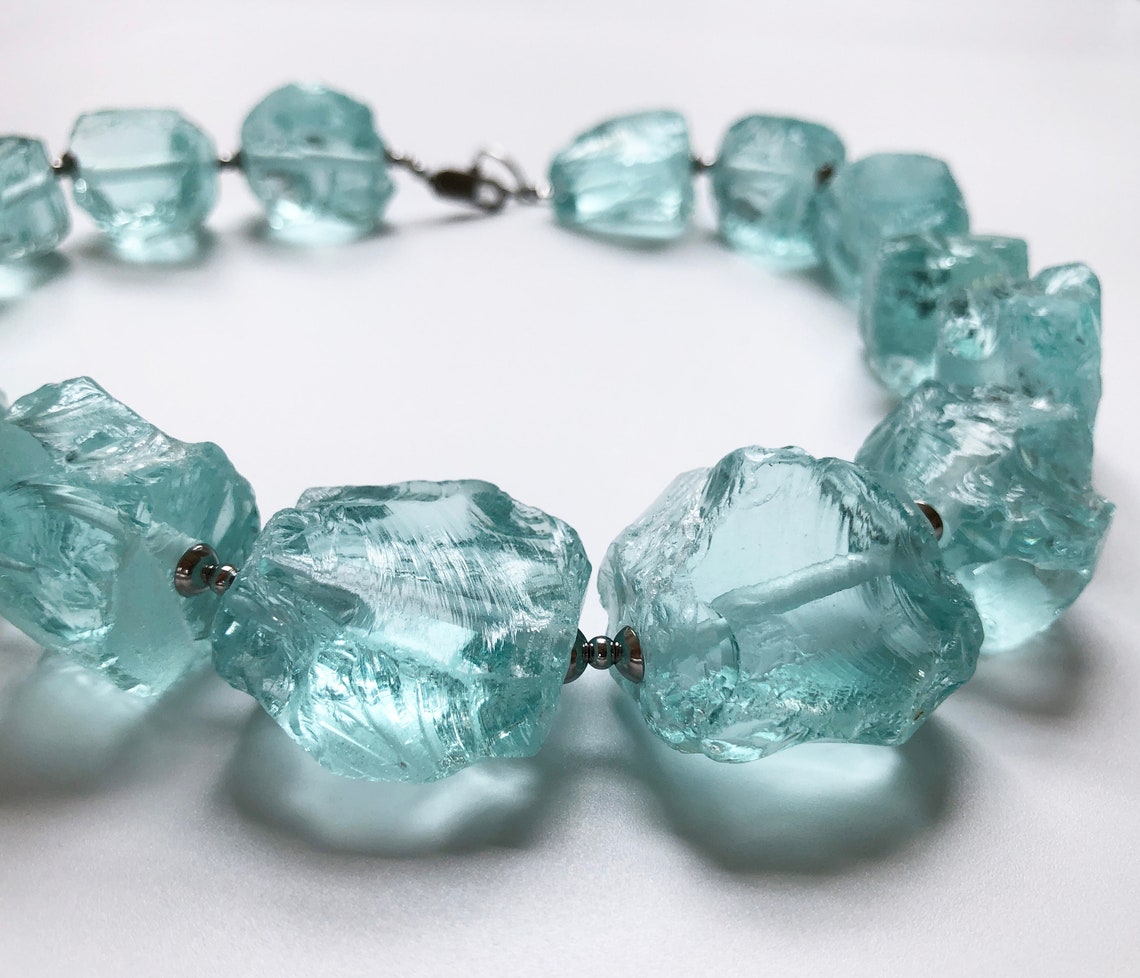 Raw aquamarine chunky necklace for women Statement raw Etsy