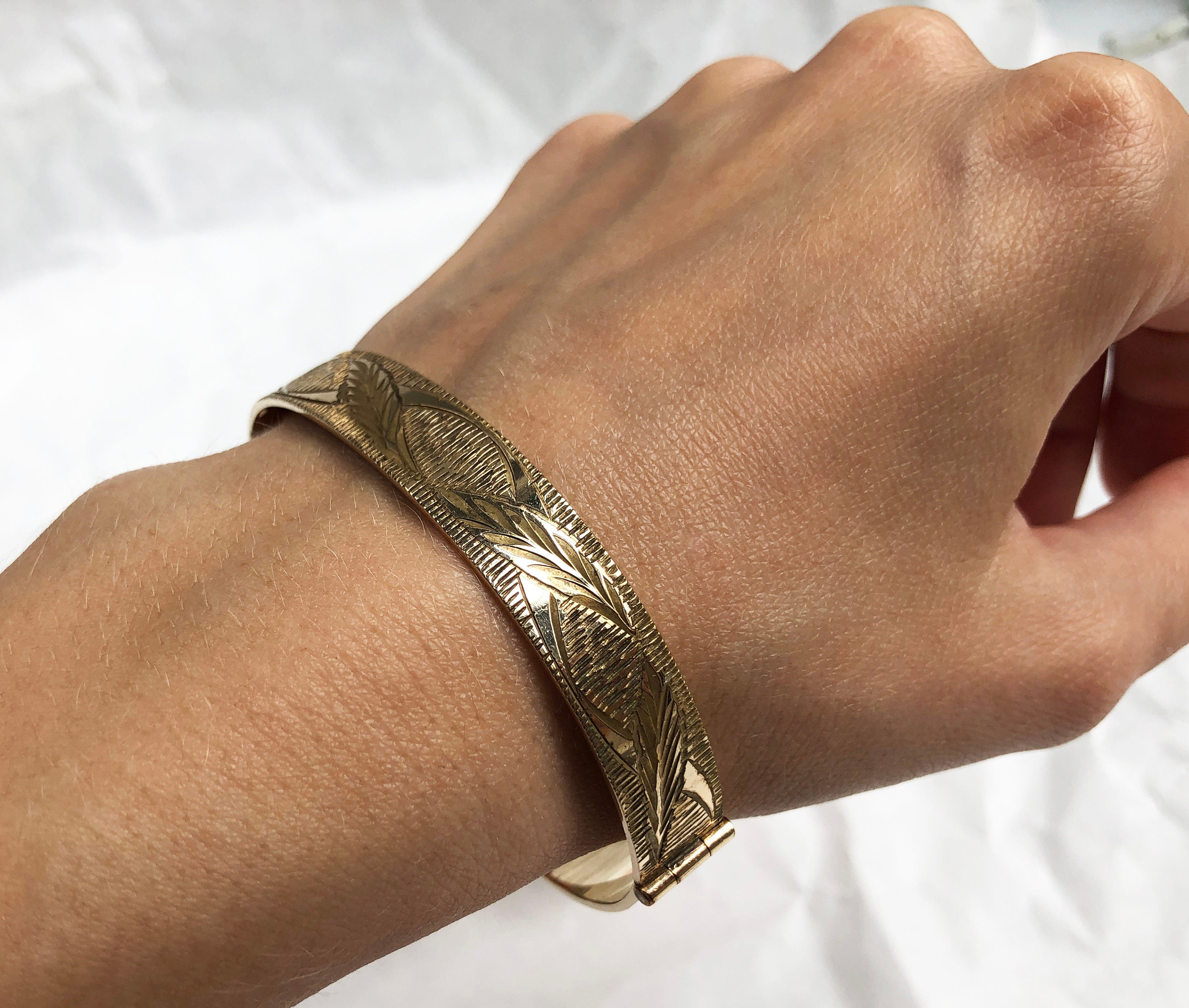 Gold engraved bangle bracelet for women elegant accent stack Etsy
