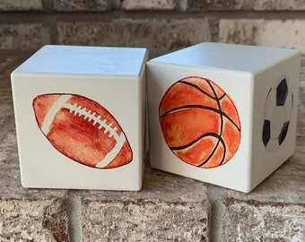 Handcrafted White Wood Sports Blocks – Set of 2 | Sports-Themed Décor | Unique Gift for Fans