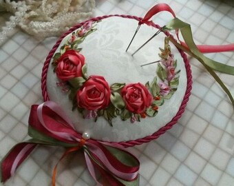 Sewing Accessory Pin cushion silk ribbon embroidery.
