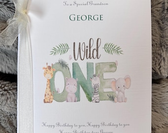 A5 Personalised Wild One Jungle Theme Boys 1st Birthday card Son First Birthday Grandson - Nephew M09