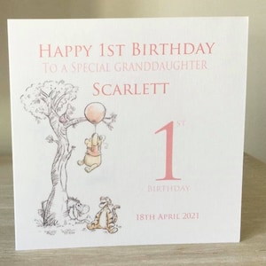 Girls 1st Birthday Personalised Winnie the Pooh Card Daughter Granddaughter Sister Great Granddaughter