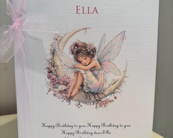 Large Personalised Cute Fairy sitting on Floral Moon Birthday Card Size A5 - Any age or relation Daughter Granddaughter Niece F116