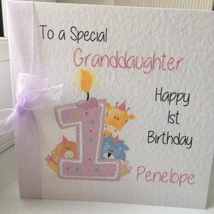 Girls 1st Birthday Card-Jungle Animals Personalised For Daughter-Granddaughter-Niece-Great Granddaughter-Goddaughter-(Lilac Candle)