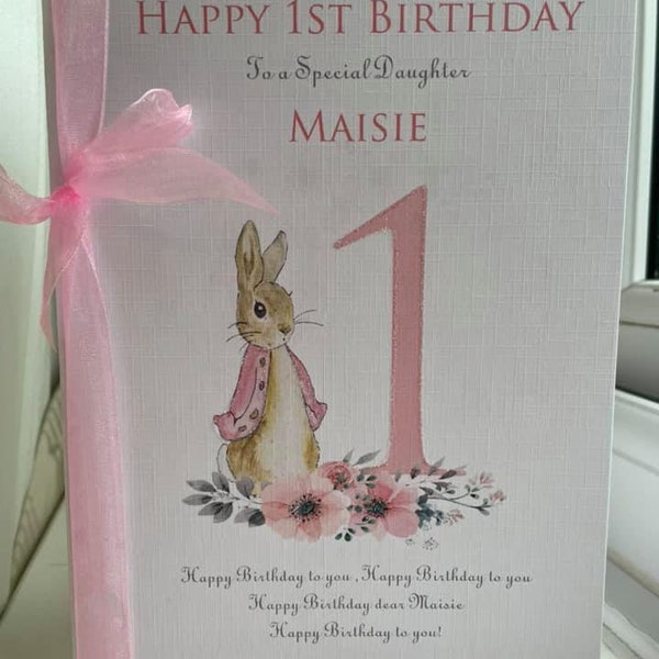 Large Personalised 1st Pink Flopsy Rabbit  Birthday Card Size A5 - Daughter Granddaughter Niece Goddaughter Great Niece Great Granddaughter