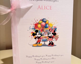 A5 Personalised Minnie & Mickey Girls Birthday Card -Daughter-Niece-Granddaughter-Great Niece-Goddaughter-Great Granddaughter any age F114