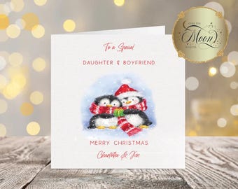 Christmas Card  Cute Penguin Couple personalised for Daughter and Boyfriend or Son & Girlfriend XM115