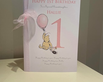 A5 Girls Personalised Winnie the Pooh 1st Birthday Card-Can be for Daughter-Niece-Granddaughter-Sister-Great Niece-Great Granddaughter F17