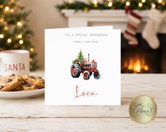 Personalised Red Tractor Christmas Card- Daughter-Granddaughter-Niece-Sister-Goddaughter-Friend-Son-Nephew-Grandson-Godson-Brother XM123