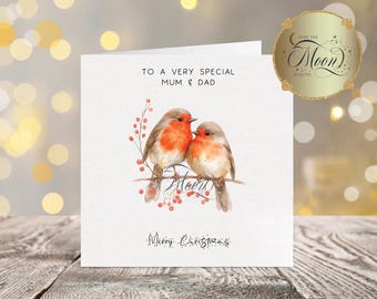 Christmas Card Cute Robins  personalised for Mum & Dad XM 117
