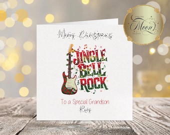 Personalised Christmas Card Jingle Bell Rock Guitar Illustration for any relation XM111