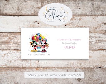 Personalised Girls  Birthday Money Wallet, Minnie & Mickey Card Can be for any age or relation