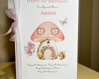 Personalised Girls 1st 2nd 3rd Birthday Card Magical Fairy Toadstool House Niece Granddaughter Daughter 1st Birthday Card F103
