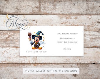 Personalised Birthday Money Wallet, Magical Mickey  Card Can be for any age or relation