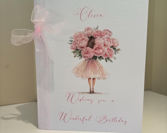 Personalised Girl Birthday Card, Peony Flowers, Handmade size A5 Any age Any relation
