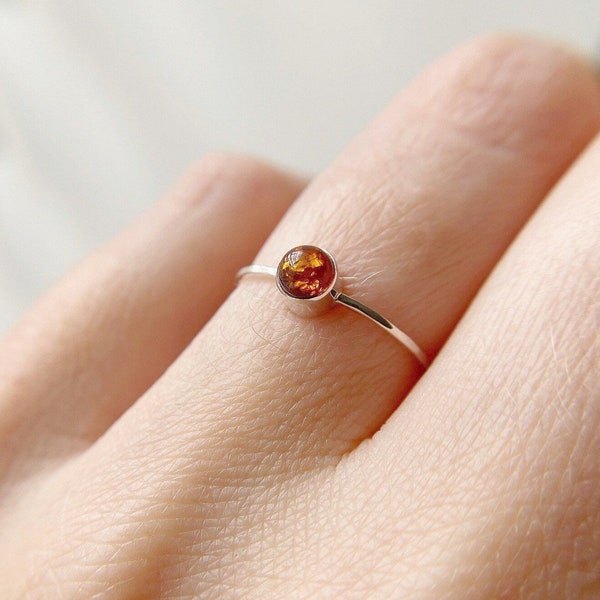 Silver Amber Ring, Sterling Silver Amber, Dainty Silver Ring, Stacking Ring, Thin Ring.