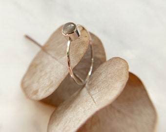 Grey Moonstone Ring. Sterling Silver. Stackable. Round Cabochon.