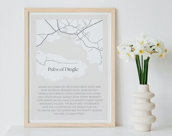 Dingle Pubs Map Minimal Wall Art || Downloadable Digital File, Ireland Poster, Bathroom Print, Travel, Typography, Ireland Home Decor Gift