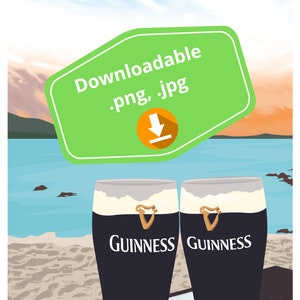 Pu&ograve; includere: Due bicchieri di birra Guinness su un tavolo di legno con una spiaggia di sabbia e l'oceano sullo sfondo. Un cartello verde con il testo "Scaricabile .png, .jpg" e un'icona di freccia di download si trova sopra i bicchieri.