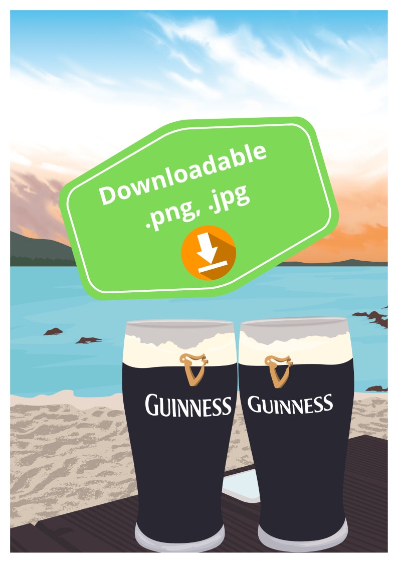 Pu&ograve; includere: Due bicchieri di birra Guinness su un tavolo di legno con una spiaggia di sabbia e l'oceano sullo sfondo. Un cartello verde con il testo "Scaricabile .png, .jpg" e un'icona di freccia di download si trova sopra i bicchieri.