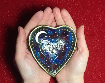 Love heart night sky ring dish, clay spoon rest, handmade Jewellery dish, gift for him, gift for her