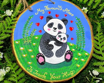 Hand painted personalised wood slice ornament, pandas ornament, gift for mum, gift for dad, newborn ornament, gift for a girl, gift for boy