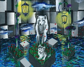 Surreal fine art print of a wolf and a cub titled The Wolf Dream, Fantasy art print, Wolf gifts, animal print, mysterious art, symbolic art
