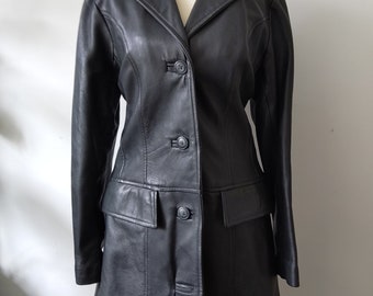 Women's Black Long Leather Coat Jacket Size M