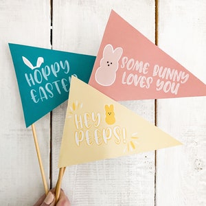 Può includere: Tre bandierine colorate a forma di pennant con messaggi a tema pasquale e immagini di caramelle marshmallow Peeps. Le bandierine recitano "Hoppy Easter", "Hey Peeps!" e "Some bunny loves you".
