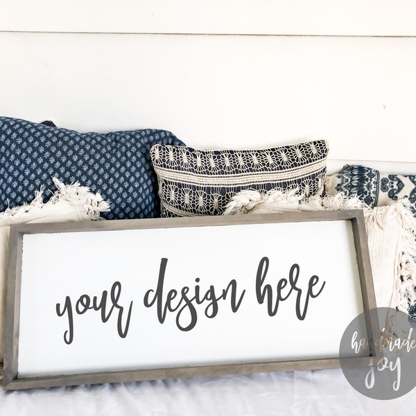 Farmhouse sign mock up with boho pillow background