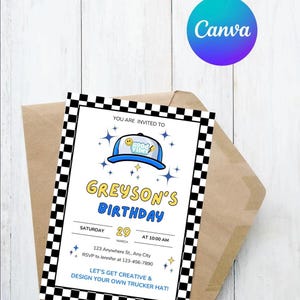 Druckbare Trucker Hat Bar Party Einladung - digitaler Download, anpassbar, Trucker Hut Bar Geburtstagseinladung, schwarz Karo