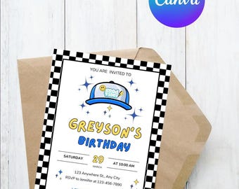 Trucker Hat Bar Party Invitation: Black Check, Customizable (PDF Download)