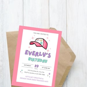 Afdrukbare Trucker Hat Bar uitnodiging feest roze-digitale download, aanpasbare, Trucker Hat Bar verjaardagsuitnodiging