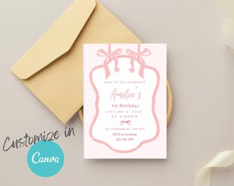Pink Bow Birthday Invitation: Coquette Party, Editable Template (PDF)
