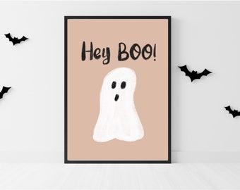 Hey Boo Cute Halloween Print, Pink Halloween decor, Instant Download, Halloween Party printable, Cute Spooky Decor, Pastel Halloween