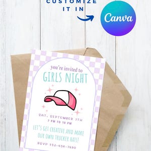 Afdrukbare Trucker Hat Girls Night-uitnodiging - digitale download, aanpasbaar, Trucker Hat Bar bewerkbare digitale download