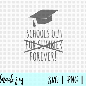 May include: A graduation cap with the text "Schools out for summer forever!" crossed out. The text is in gray and the background is a white and gray checkered pattern.