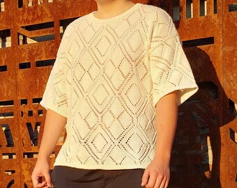 Hand-Knit Ecru Openwork Men's T-Shirt: Cotton Blend, Size L/XL